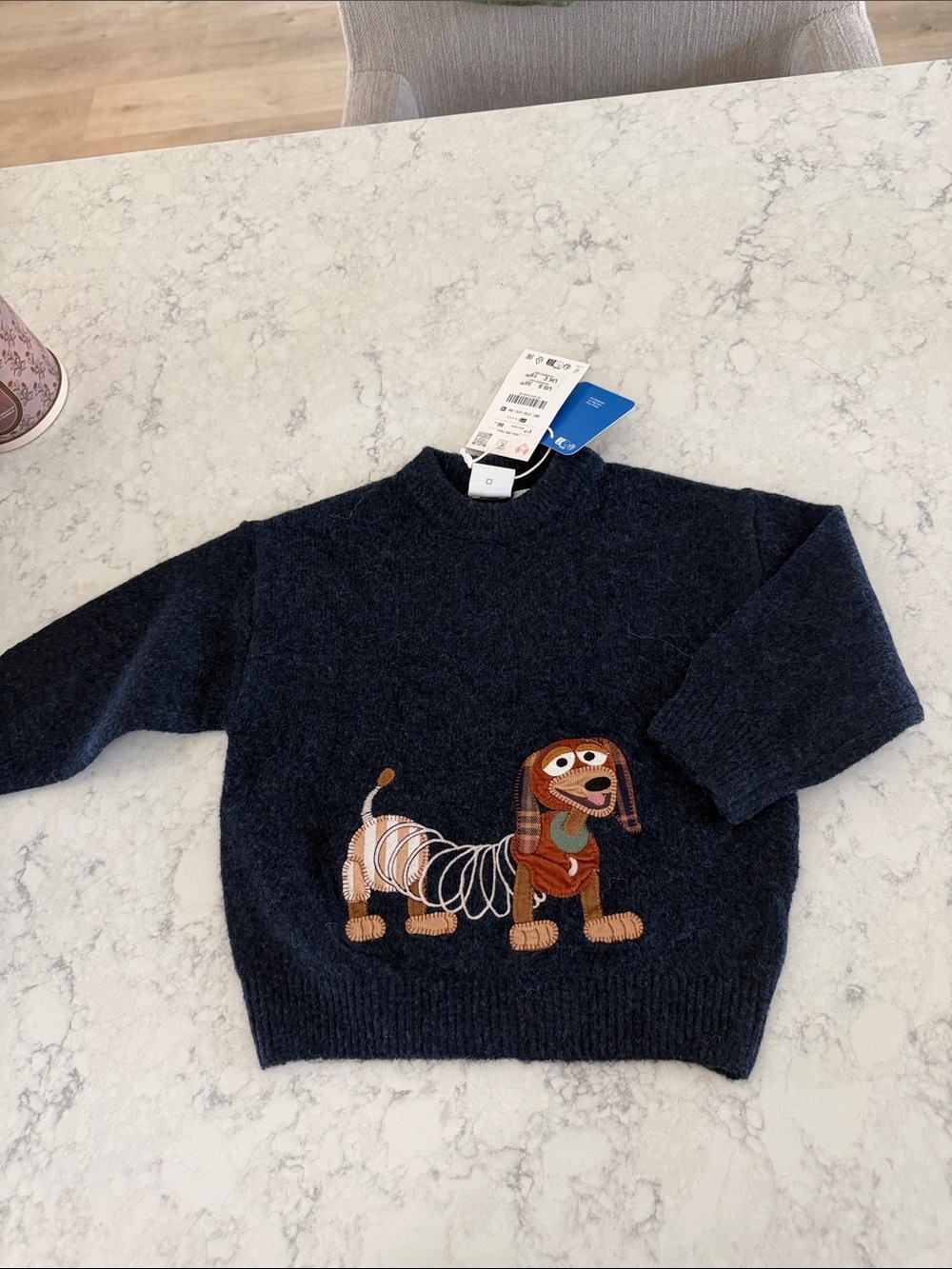 Zara Navy Knit Sweater with Embroidered Brown Sausage Dog